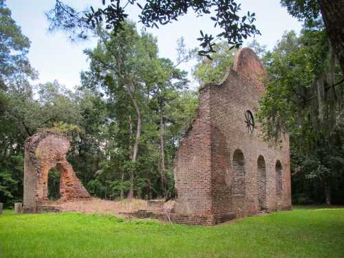 Ruins of a brick structure surrounded by lush greenery and trees, with remnants of walls and an arched opening.