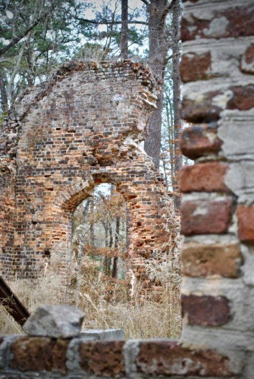 Ruins of a brick structure surrounded by trees, viewed through a broken wall, with tall grass in the foreground.