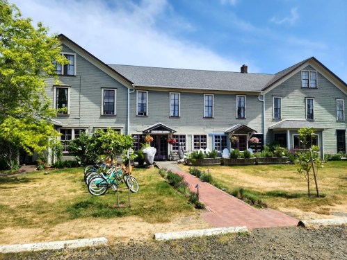 A charming green house with a porch, surrounded by trees and a garden, featuring bicycles in the foreground.