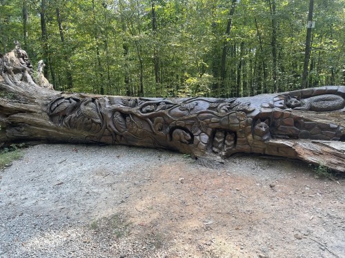 A carved log featuring intricate animal designs, set in a wooded area with greenery in the background.