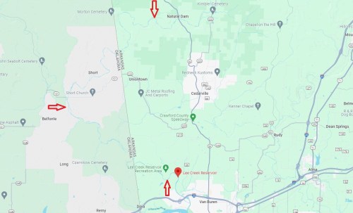 Map showing locations near Bellefonte, including Natural Dam and Lake Creek Reservoir, with directional arrows.