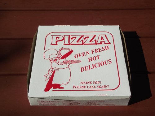 A pizza box with a chef graphic, labeled "Oven Fresh Hot Delicious," and a message to call again.