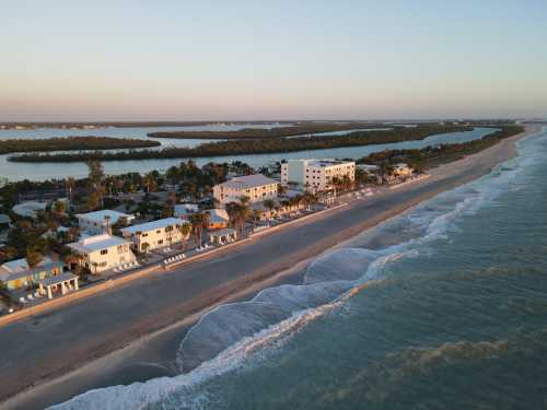 Aerial view of a beachside resort with palm trees, sandy shore, and calm waves at sunset.