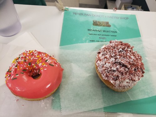 Two donuts on a counter: one with pink icing and sprinkles, the other with powdered sugar and red velvet.