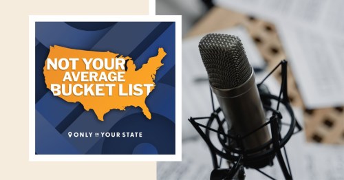 Graphic featuring a microphone and a map of the U.S. with the text "Not Your Average Bucket List."