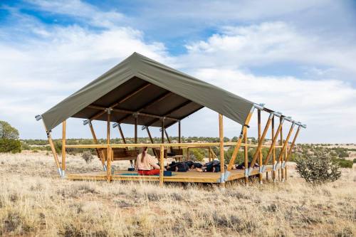 A wooden platform tent with a green roof, set in a grassy landscape under a blue sky.