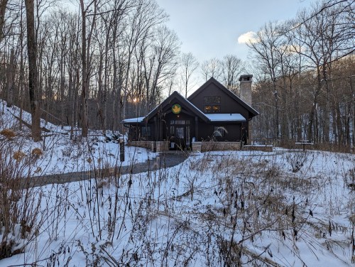 A modern cabin surrounded by snow-covered trees, with a stone pathway leading to the entrance.