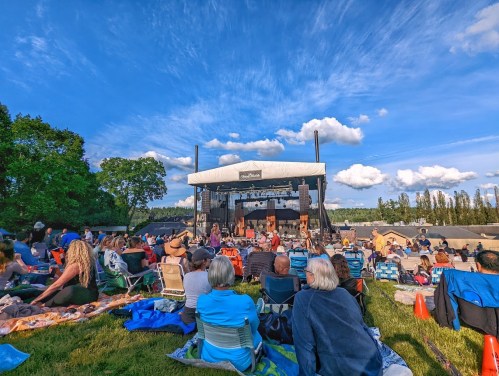 A crowd enjoys a live outdoor concert on a sunny day, seated on grass with a stage and blue sky in the background.