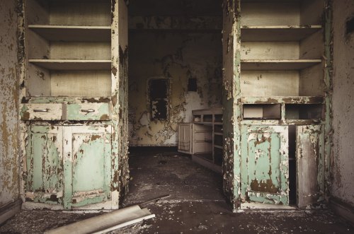 Abandoned room with peeling green cabinets and shelves, showing signs of decay and neglect.