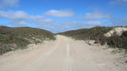 A sandy path between grassy dunes under a blue sky with scattered clouds.