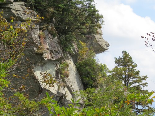 A rocky cliff resembling a profile of a face, surrounded by trees and greenery under a partly cloudy sky.