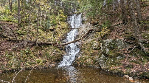 A serene waterfall cascades down rocky terrain, surrounded by lush greenery and autumn foliage.