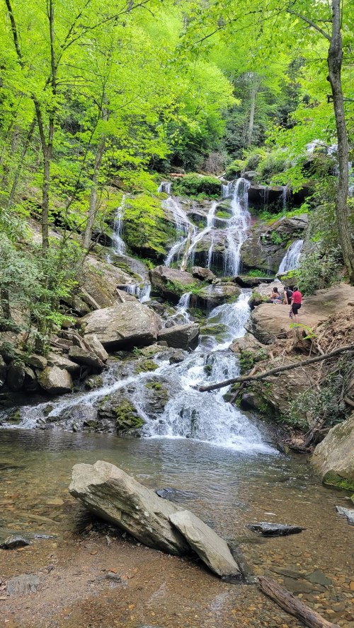 A serene waterfall cascades over rocks, surrounded by lush green trees, with two people enjoying the view nearby.