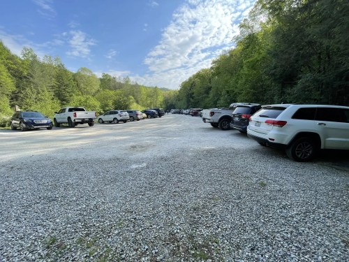 A gravel parking lot filled with various parked vehicles, surrounded by lush green trees and a clear blue sky.