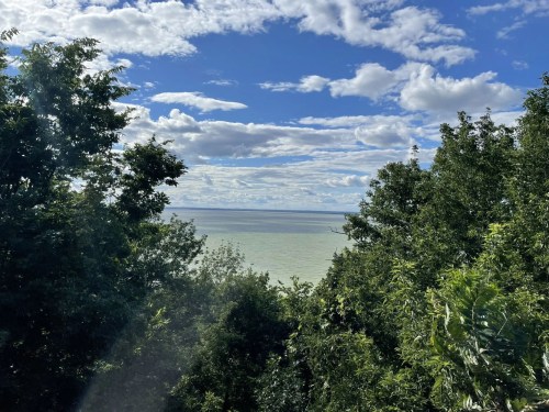A scenic view of a calm body of water framed by lush green trees under a partly cloudy sky.