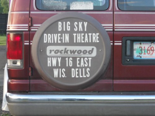 Sign on a van for Big Sky Drive-In Theatre, Rockwood, Hwy 16 East, Wisconsin Dells.