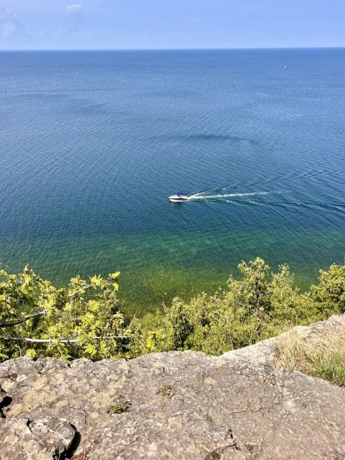 A boat glides across calm blue waters, with green foliage and rocky cliffs in the foreground.