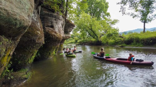 A group of people kayaking on a calm river surrounded by lush greenery and rocky cliffs.