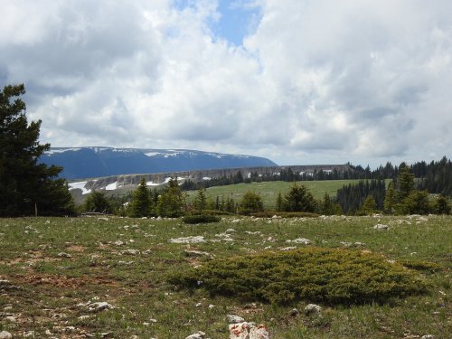 A scenic landscape featuring rolling hills, patches of snow, and a cloudy sky, with trees in the foreground.
