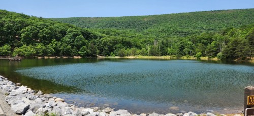 A serene lake surrounded by lush green trees and hills under a clear blue sky. Rocky shoreline in the foreground.
