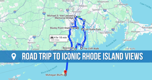 Map showing a road trip route to iconic views in Rhode Island, including Mohegan Bluffs and other landmarks.