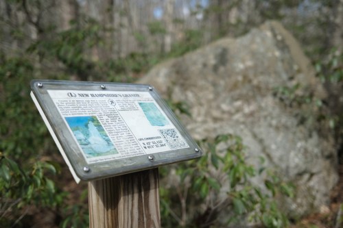 A sign about New Hampshire's geology stands near a large rock in a wooded area.