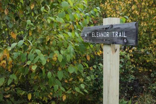 A wooden signpost pointing to "Mt. Eleanor Trail" surrounded by green and yellow foliage.