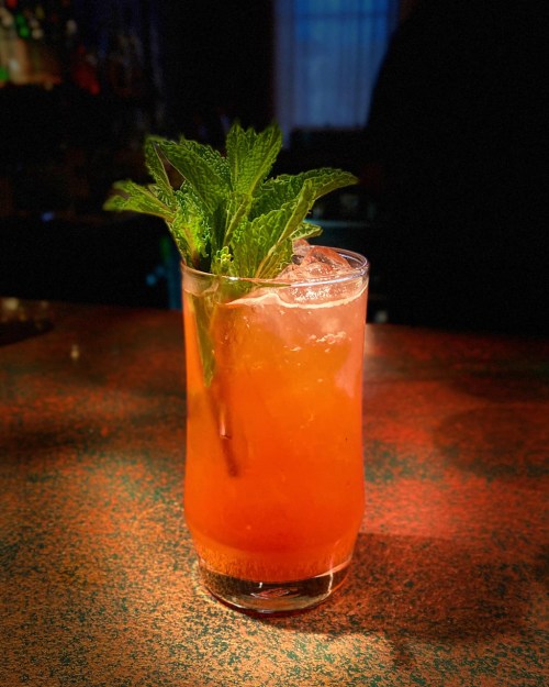 A refreshing cocktail with mint leaves, served in a tall glass filled with ice, on a textured surface.