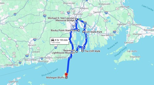 Map showing a route from Mohegan Bluffs to various attractions, including parks and museums, totaling 108 miles.