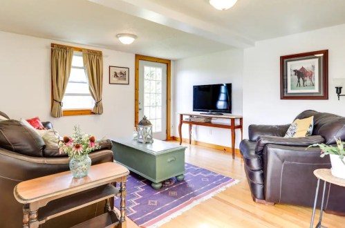 Cozy living room with leather sofas, a coffee table, and a TV, featuring natural light and decorative accents.