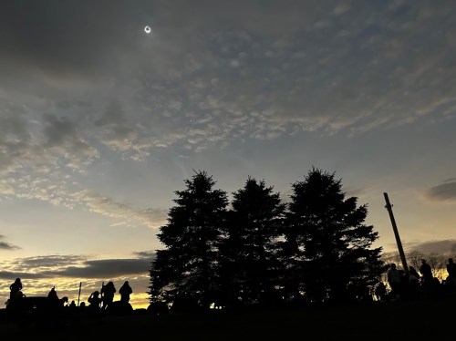 Silhouetted trees against a cloudy sky during a solar eclipse, with people observing in the foreground.