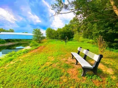 A peaceful park scene featuring two benches by a grassy area near a river, with trees and a cloudy sky in the background.