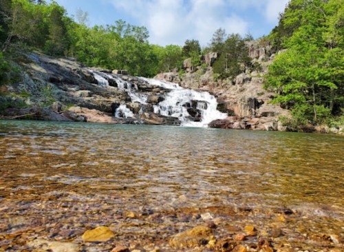 A serene waterfall cascades over rocks into a clear pool, surrounded by lush green trees and a blue sky.