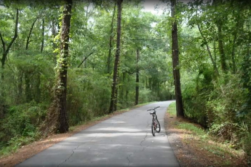 A bicycle stands alone on a winding path surrounded by lush green trees.