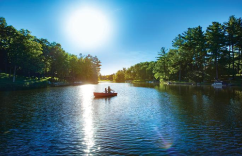 A serene lake scene with two people in a boat, surrounded by lush trees and a bright sun reflecting on the water.