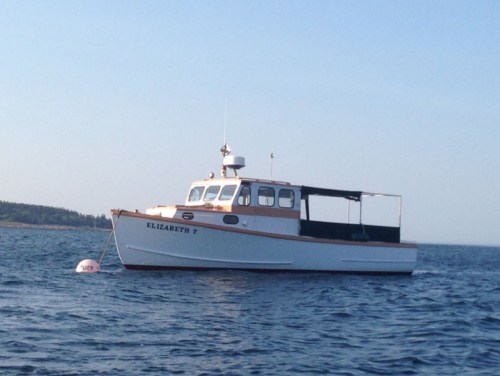 A white boat named "Elizabeth T" floats on calm blue water, surrounded by trees in the background under a clear sky.