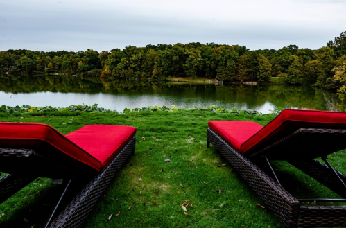 Two red lounge chairs sit on green grass overlooking a calm lake surrounded by trees under a cloudy sky.