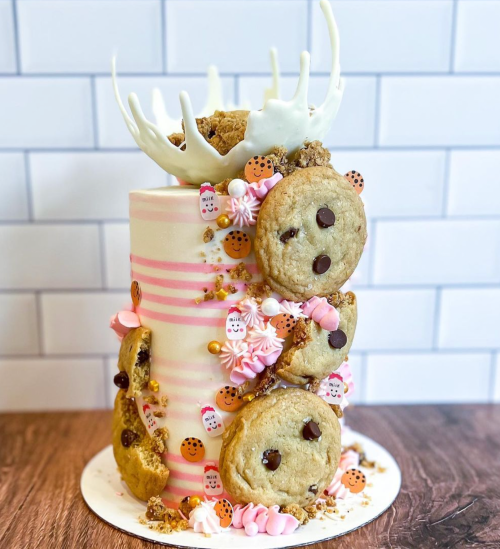 A colorful cake decorated with cookie pieces, sprinkles, and white chocolate antlers on top.