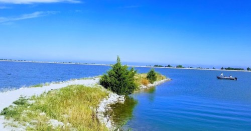 A serene landscape featuring a winding path by a calm blue lake, with a small boat in the distance under a clear sky.