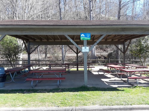 A covered picnic area with red tables and benches, surrounded by trees and a grassy lawn.
