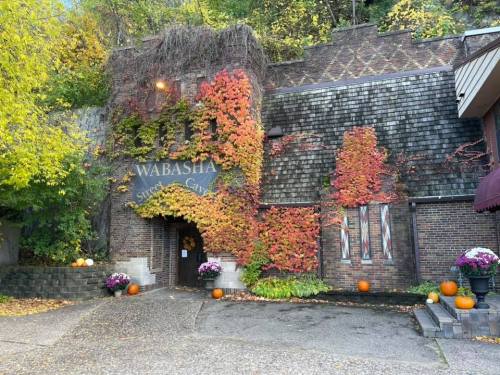A charming brick building covered in colorful autumn leaves, with pumpkins and flowers at the entrance.