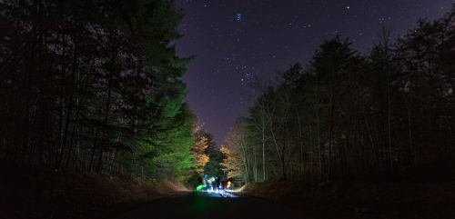 A dark forest road under a starry night sky, with faint lights illuminating the trees on either side.
