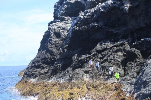 People exploring rocky coastal cliffs by the ocean under a clear blue sky.