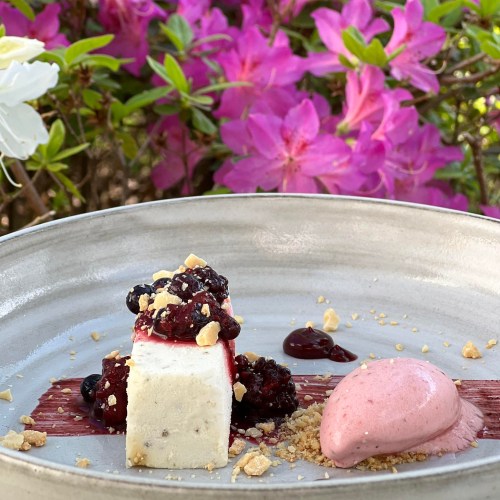 A dessert plate featuring a white mousse, berry compote, pink sorbet, and crumbled toppings, set against vibrant flowers.