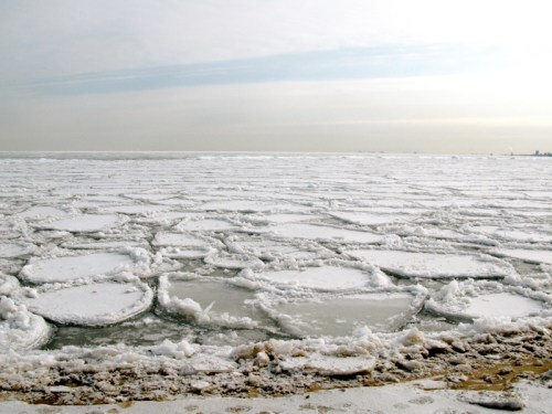 A frozen lake with large ice floes scattered across the surface under a cloudy sky.