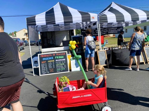 A child sits in a red wagon at a market, holding a green balloon, with tents and vendors in the background.