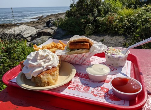A red tray holds a seafood dish with whipped cream, fries, a sandwich, coleslaw, and dipping sauces, with a scenic ocean view.