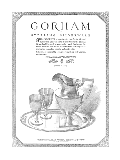 Illustration of Gorham silverware featuring a pitcher, goblets, and tray, with decorative text and details about the brand.