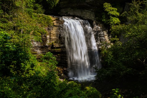 A serene waterfall cascading over rocks, surrounded by lush green foliage and trees.