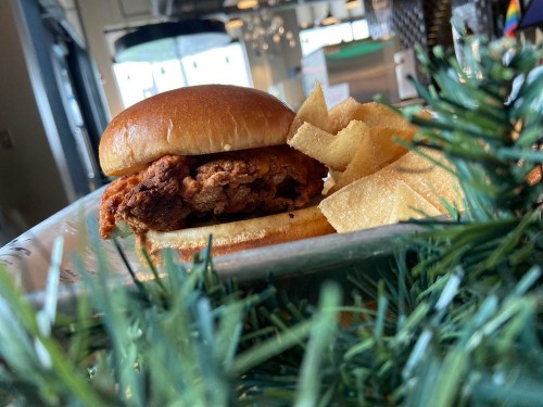 A crispy chicken sandwich on a bun, served with potato chips, surrounded by greenery.